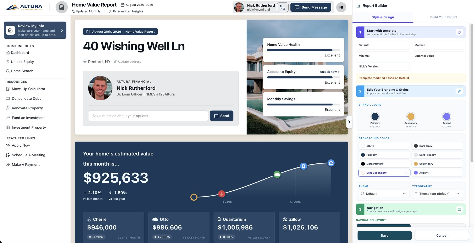 Milo Design Studio, Style and Design tab: brand colors, background themes, typography and navigation layout, with the branded home value report previewed beside it